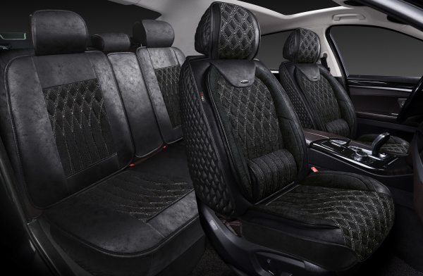Накидки 5D PSV Galant Velvet Skin (Черный/Отстрочка Белая), комплект на весь салон, вельвет + мокрая кожа